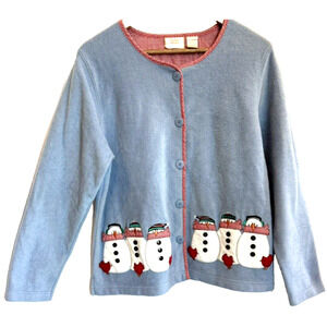 Vintage Baxter Wells Womens Embroidered Snowman Christmas Cardigan SIze L Holida